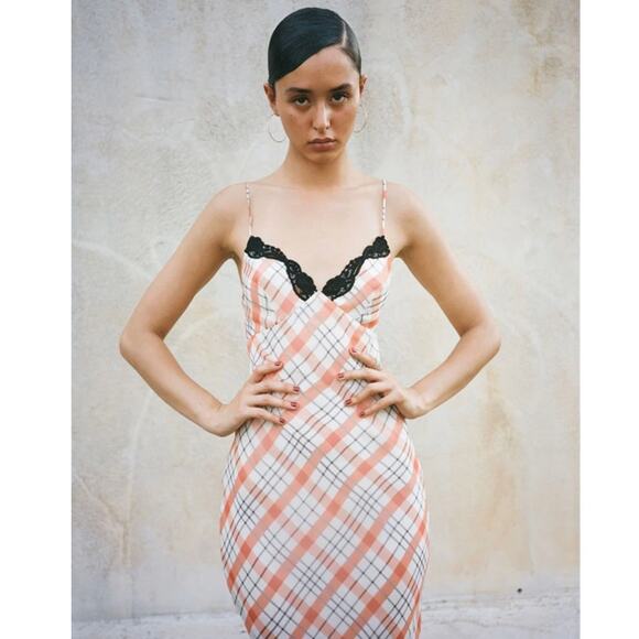 Realisation Par The Karlie Summer Check Silk Maxi Dress XS White Black Orange - Picture 8 of 8